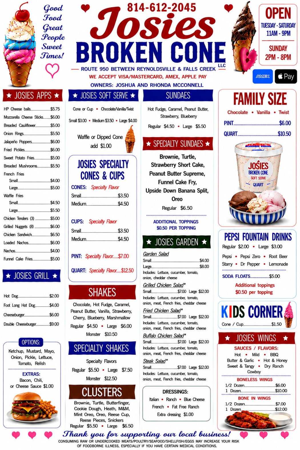Josie's Broken Cone Menu
